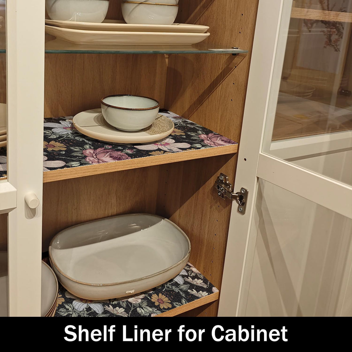 Black Retro Floral Shelf Drawer Liner for Kitchen Non (9.67 Sq Ft)