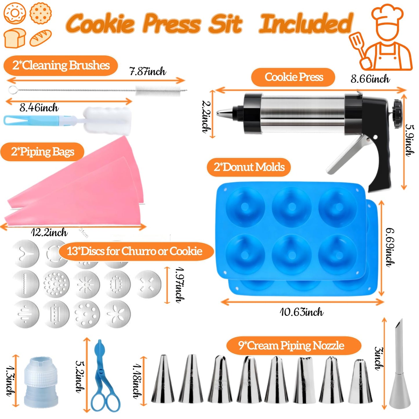 45PCS Cookie Press Gun Kit:Bake Churros,Cookies&Donuts with Stainless Steel Cookie Shooter,Decorating Baking Tools with Cookie Disc,Cleaning Brushes,Piping Bag for Baker,Mothers Day Gift for Baker