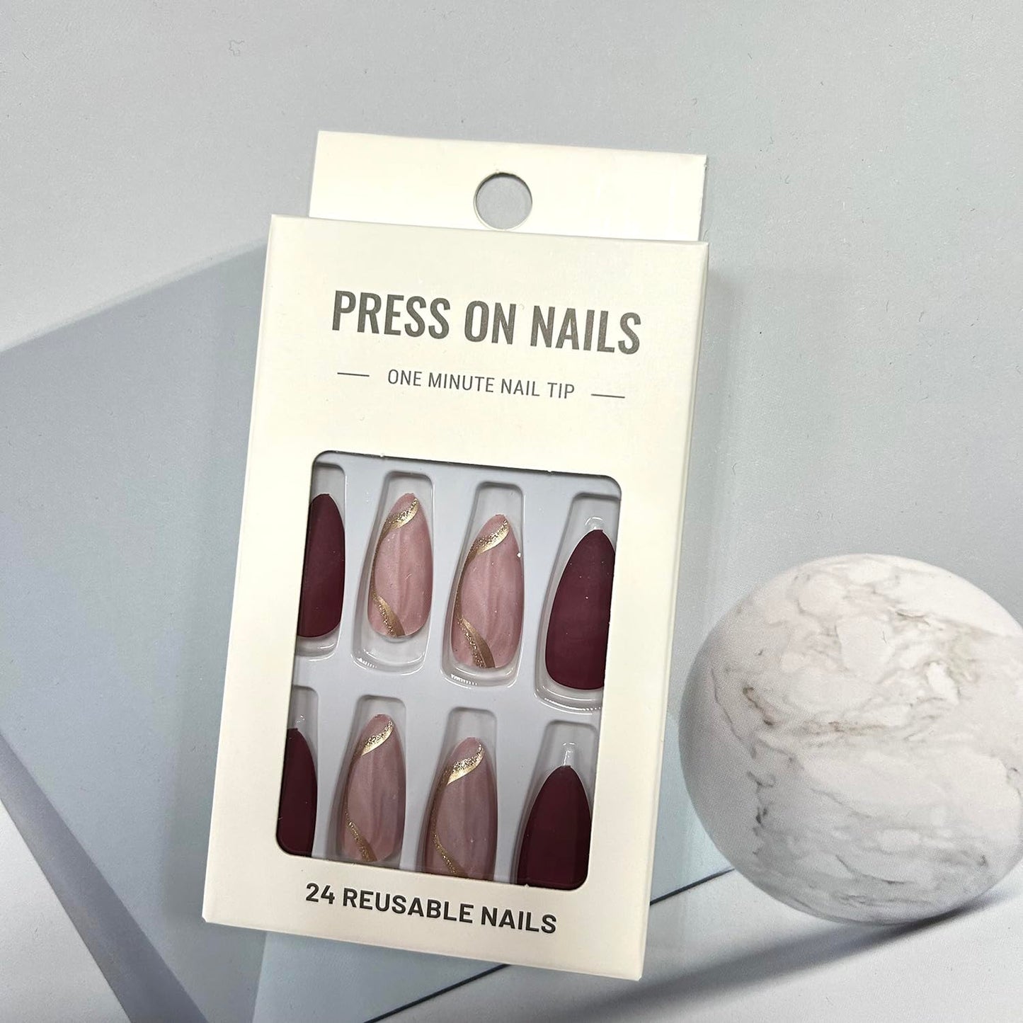 Press On Nails Medium Almond Artificial Acrylic Wine Red French Tip Gold Stripe Design Fall Winter Fake Nails Full Cover Glossy Reusable Coffin Nails Glue on Nails for Women 24Pcs
