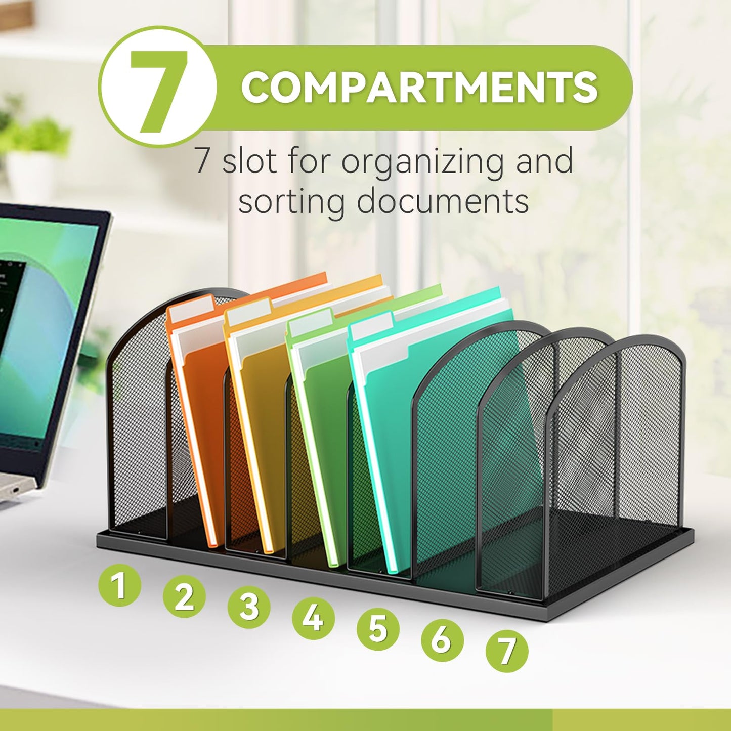 MINDEPOT Desk File Organizer 7 Sections Upright Mesh File Sorter Organizer for Desk, Office Organization File Holder for Home, Office & Classroom (Black, 1Pack)