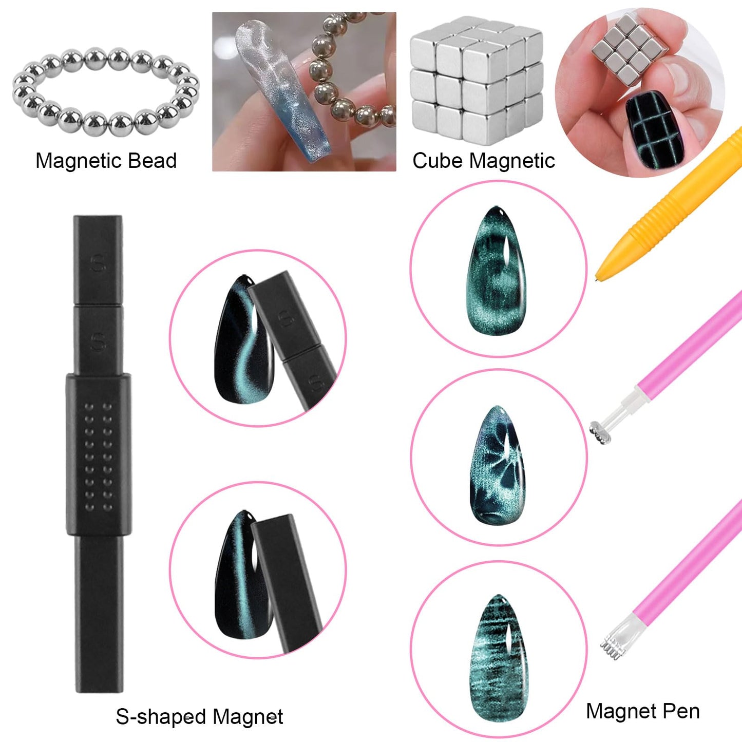 TOROKOM Cat Eye Magnetic for Nails, 54PCS 3-in-1 Cat Eye Gel Nail Polish Magnet Tools Powerful Set Multiple Style Nail Magnets French Heart Beads Nail Art Tools for Nail Art Designs