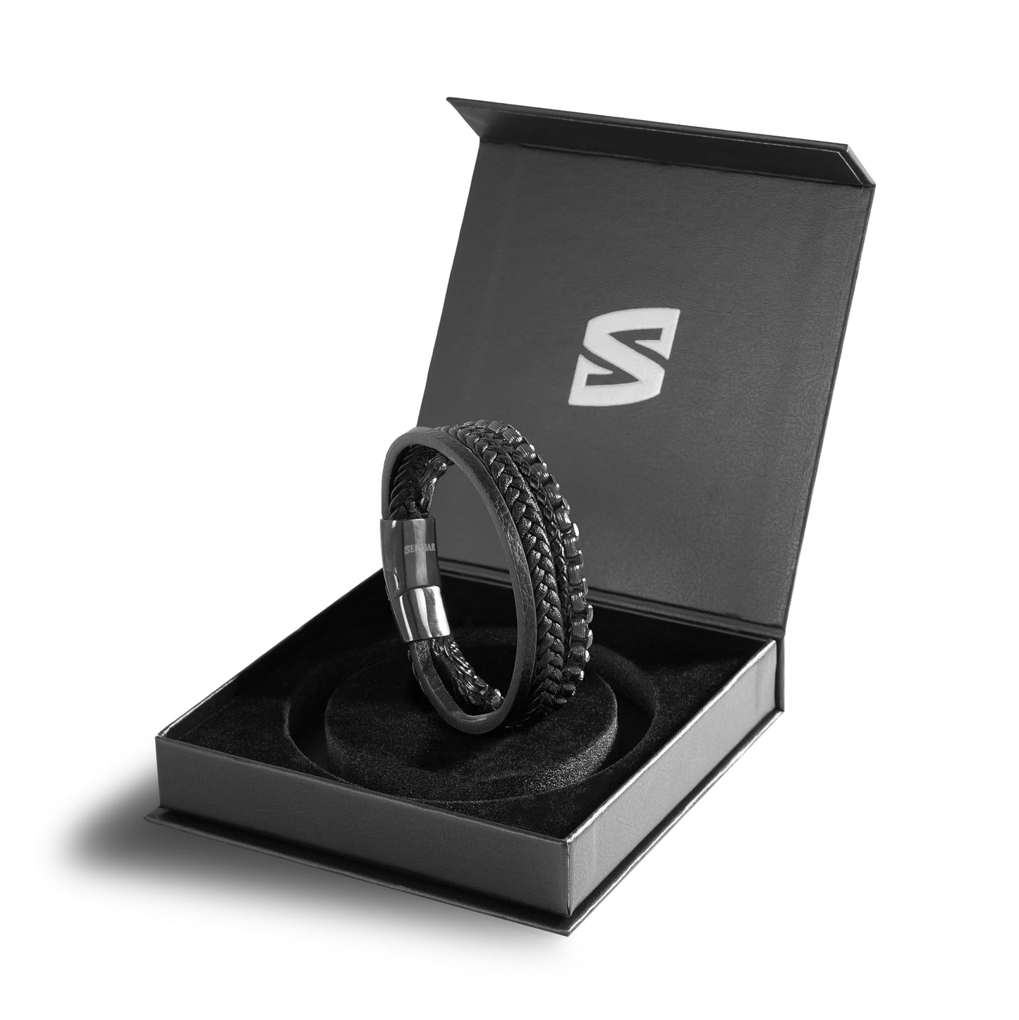 SERASAR Mens Original Leather Bracelet 20cm Black Men Gift Box Genuine Braided Adjust Able Magnetic Clasp Multi Layer Wrap Rope Man Mans Bracelets Jewelry Magnet Accessories