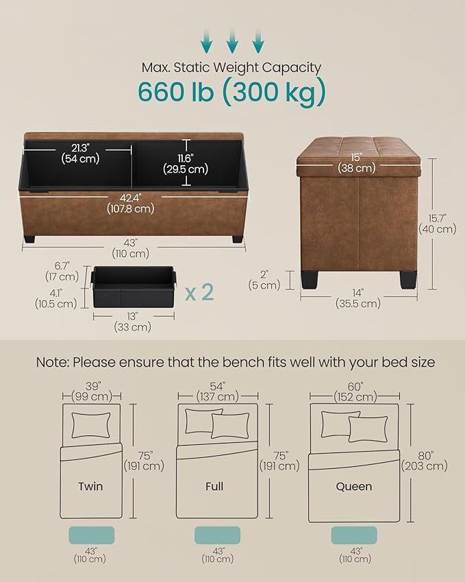 SONGMICS Storage Ottoman, Storage Bench with Legs,15 x 43 x 15.7 Inches, Ottoman Bench, 30 Gal. (112 L), Synthetic Leather, for Living Room, Entryway, Coffee Brown ULSF0514K03