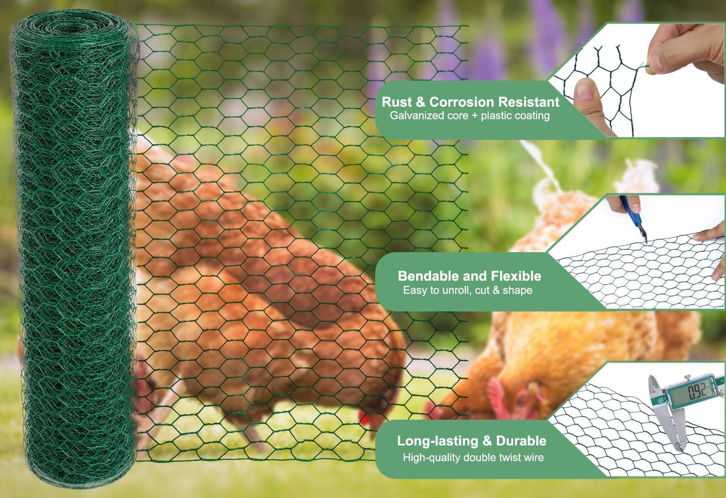 Mklsit Chicken Wire for Floral Arrangements, 15.7 x 157 Inches Green Mesh, 0.6 Inch Hexagonal Galvanized PVC Coated Netting Fence for Crafts, Poultry, Garden