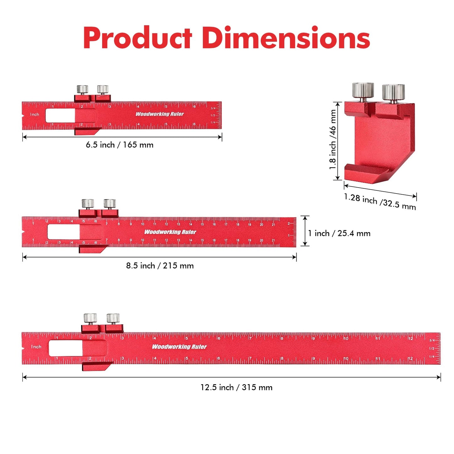 Draxzor 3PCS Woodworking Ruler Set, Precision Pocket Ruler with Adjustable Slide Stop, Aluminum Alloy Measuring Tool for Marking & Scribing, Metal T-Track Square Rulers, Inch and Metric (6", 8", 12")