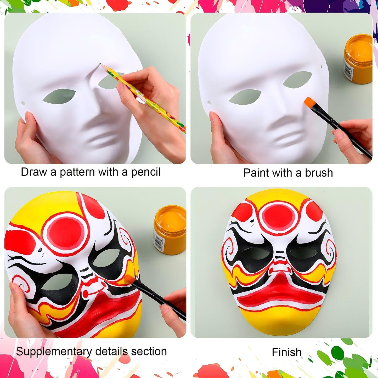 Aoriher 50 Pcs Paper Mache Mask DIY Full Face White Paintable Craft Masks Bulk for Mardi Gras Cosplay Dance Party Adult