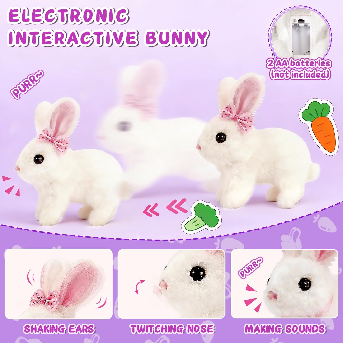 23Pcs Hopping Bunny Toy Set for Kids, Interactive Electric Walking Rabbit with Rolling Carrier House, Pretend Play Pet Care Grooming & Feeding Kit, Stuffed Animal Gift for Toddlers 3-5