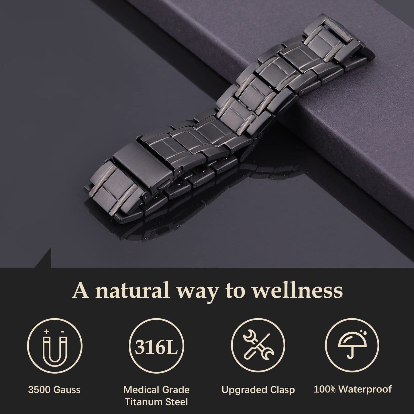 Feraco Magnetic Bracelets for Men, Titanium Steel Bracelets with 3X Ultra Strenth Neodymium Magnets, Adjustable Health Gift (Black)