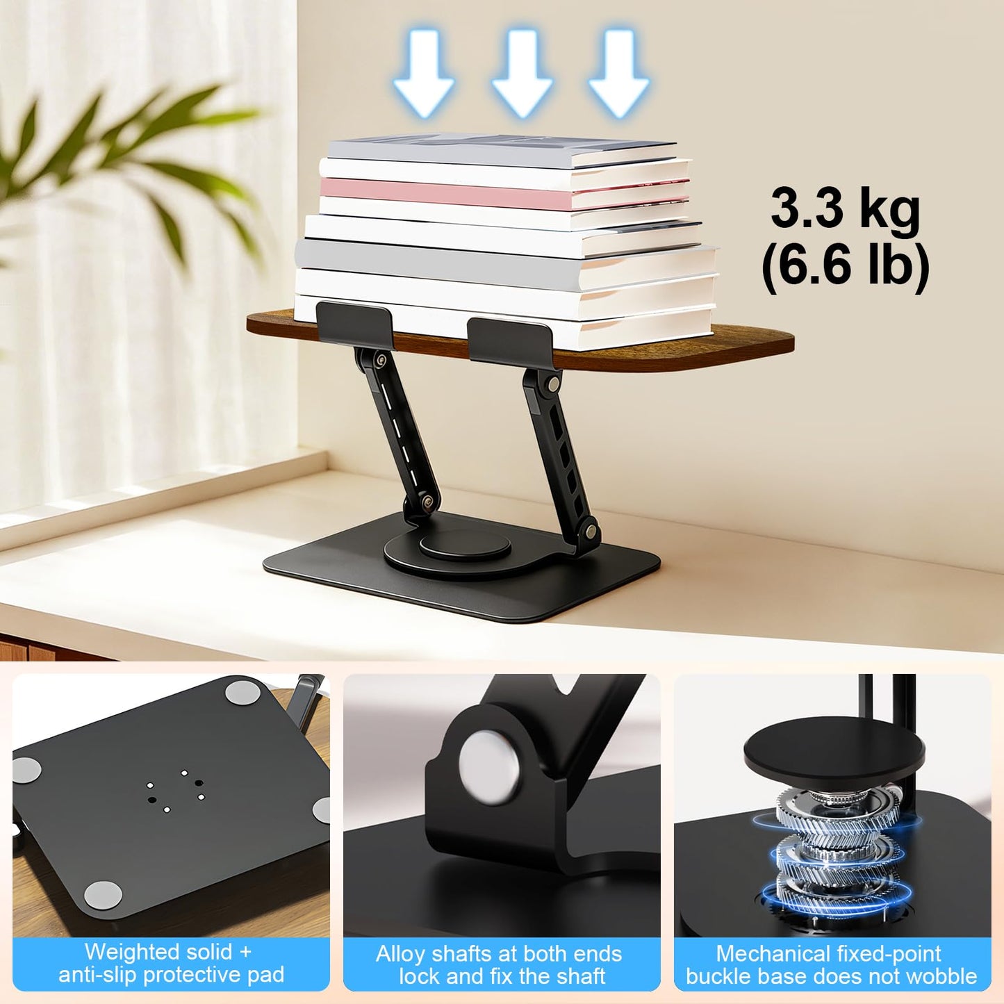 Diesisa Book Stand for Reading: Wooden Book Holder with 360° Rotating Metal Base - Adjustable Book Holder Stand with Elastic Clips for Cookbook, Recipe, Magazine, Laptop,Tablet, for Kitchen, Office