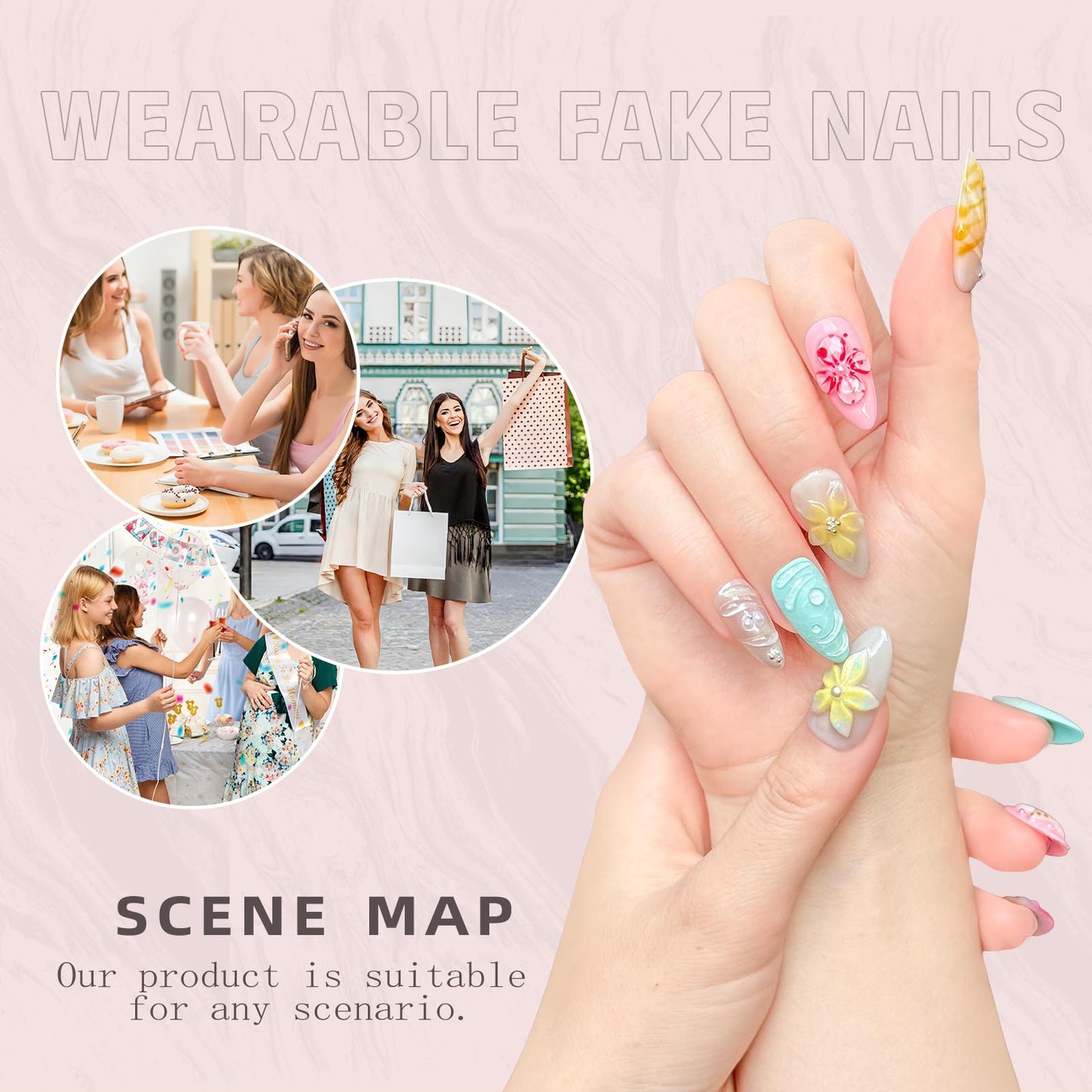 Luxury Handmade Press-On Nails – Medium Almond 3D Flower & Pearl French Tip, Blue Ocean Spring Pattern Reusable Acrylic False Nails (M-10PCS)