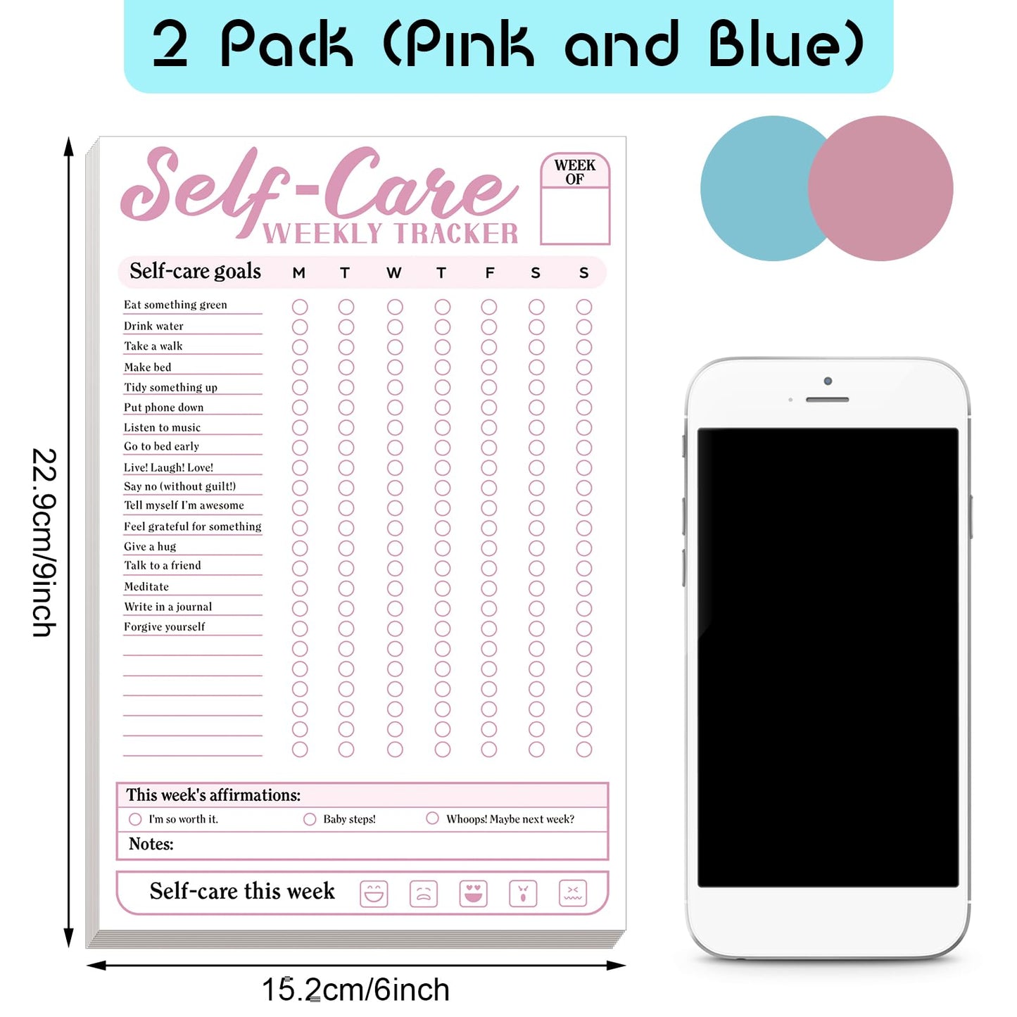 Qilery 2 Pack Self Care Weekly Tracker Pad Self Care Checklist Note Pad 6 x 9 Inches Pastel Blue Pink Tracker Mental Health Wellness Planner