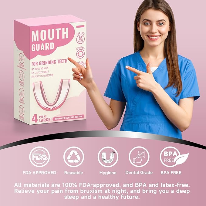 4 Pack Pink Mouth Guards for Women and Men, Large Size, Moldable Night Guards for Teeth Grinding and Clenching, Comfortable Bite Guards, Stylish Custom Dental Guards for Protection