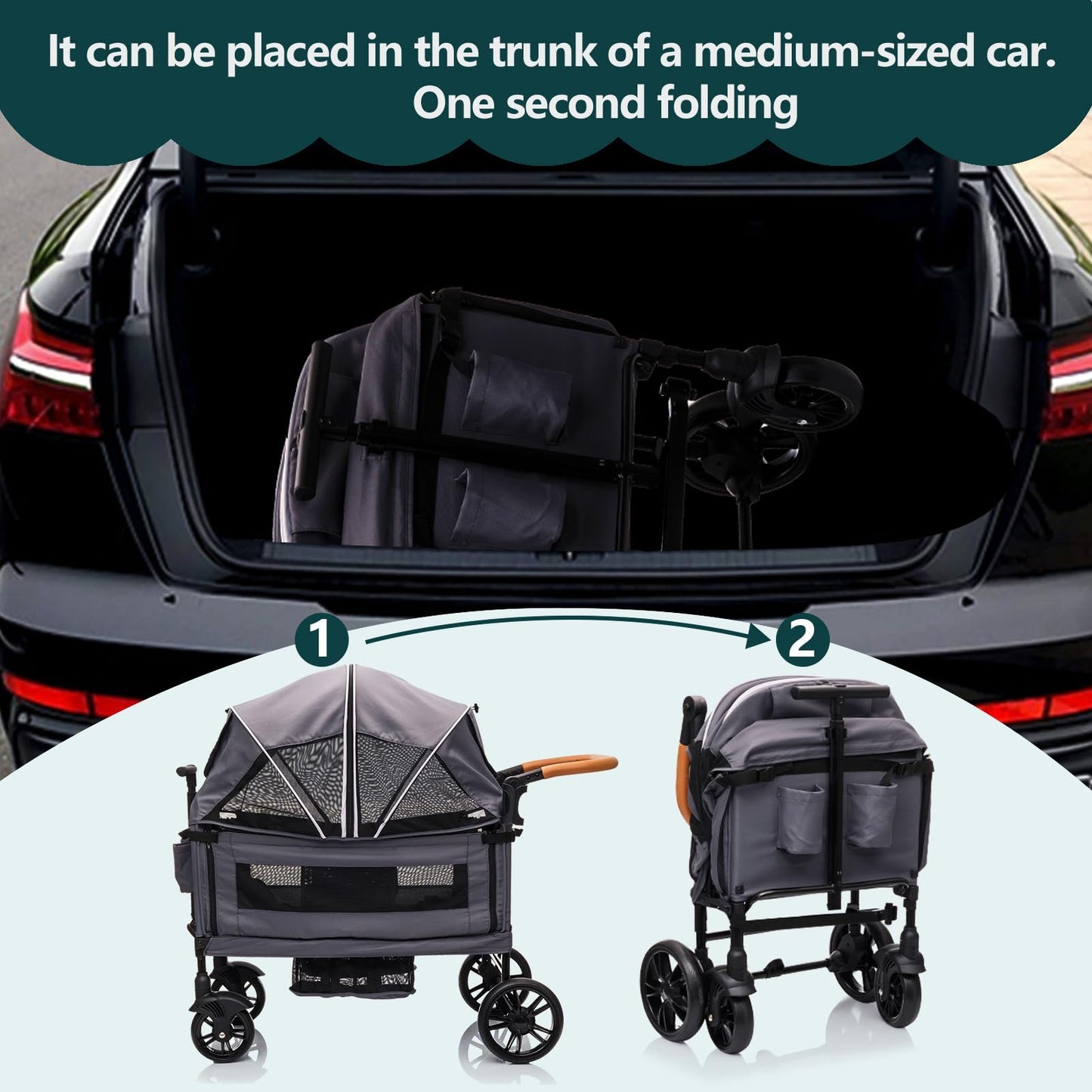 Luxury Wagon Stroller for 2 Kids & Cargo-Lightweight Foldable Travel Push Pull All-Terrain Double Wagon for Newborn&Toddler with 5-Point Harness,Adjustable Handle, Canopy,Tray Table,Cup Holder
