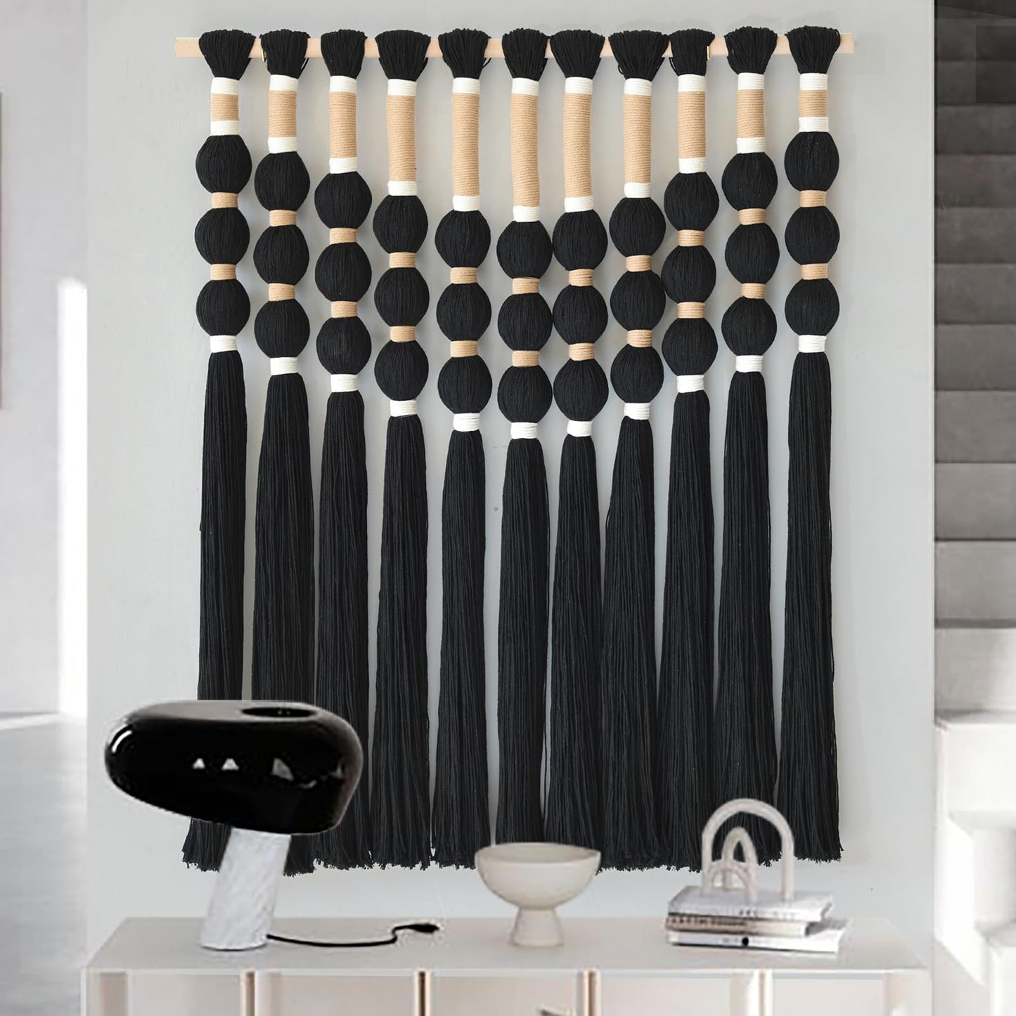 Macrame Wall Hanging Boho Wall Decor Black Fiber Yarn Wall Art Handmade Cotton Spherical Knot for Living Room Bedroom Nursery Office Home Decor27" W x 33" L