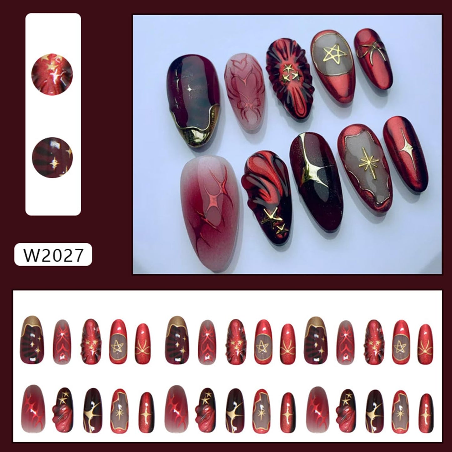 Dark Red Press on Nails Medium Almond Shaped Artificial Acrylic Nails Gradient 3D Gold Star Love Heart with Gold Edge Design Stick on Nails Full Cover Reusable Coffin Artificial Fingernails for Women