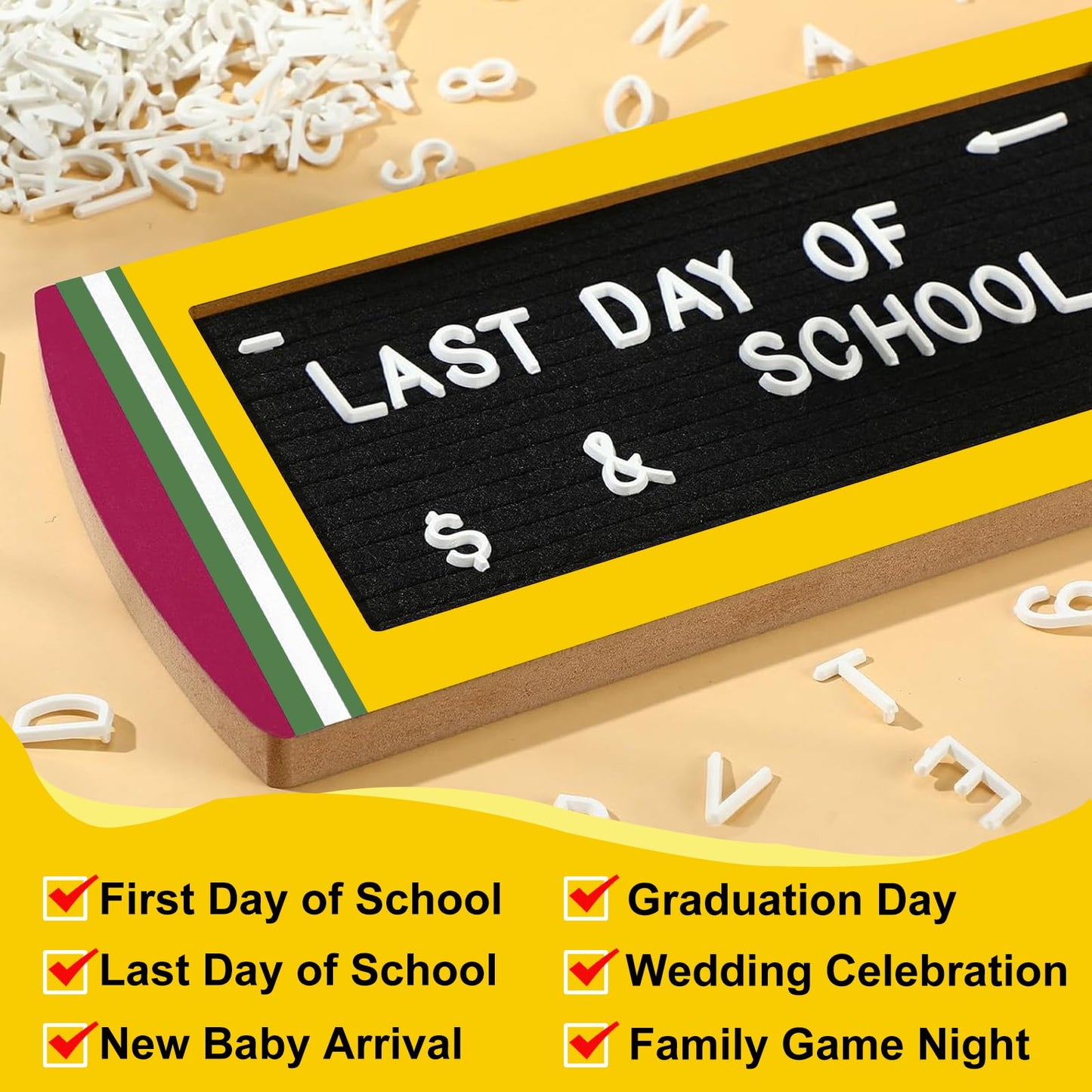 Felt Letter Board with White Characters,Solid Wooden Changeable Message Board Pencil Style,Cute Graduation Decorations Classroom Photo Props Baby Announcement Wall Decor Sign Milestones Holiday Gifts