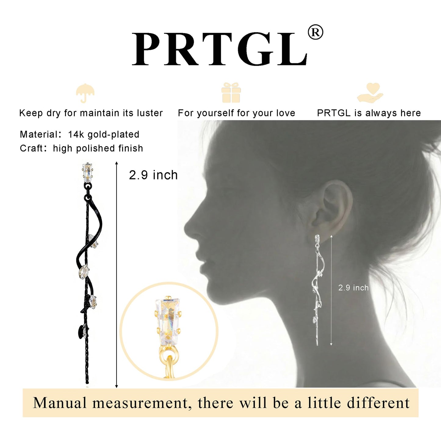 PRTGL Dangle Earrings for Women - Black Long Twist Tassel Dangle Earrings with Tiny Cubic Zirconia