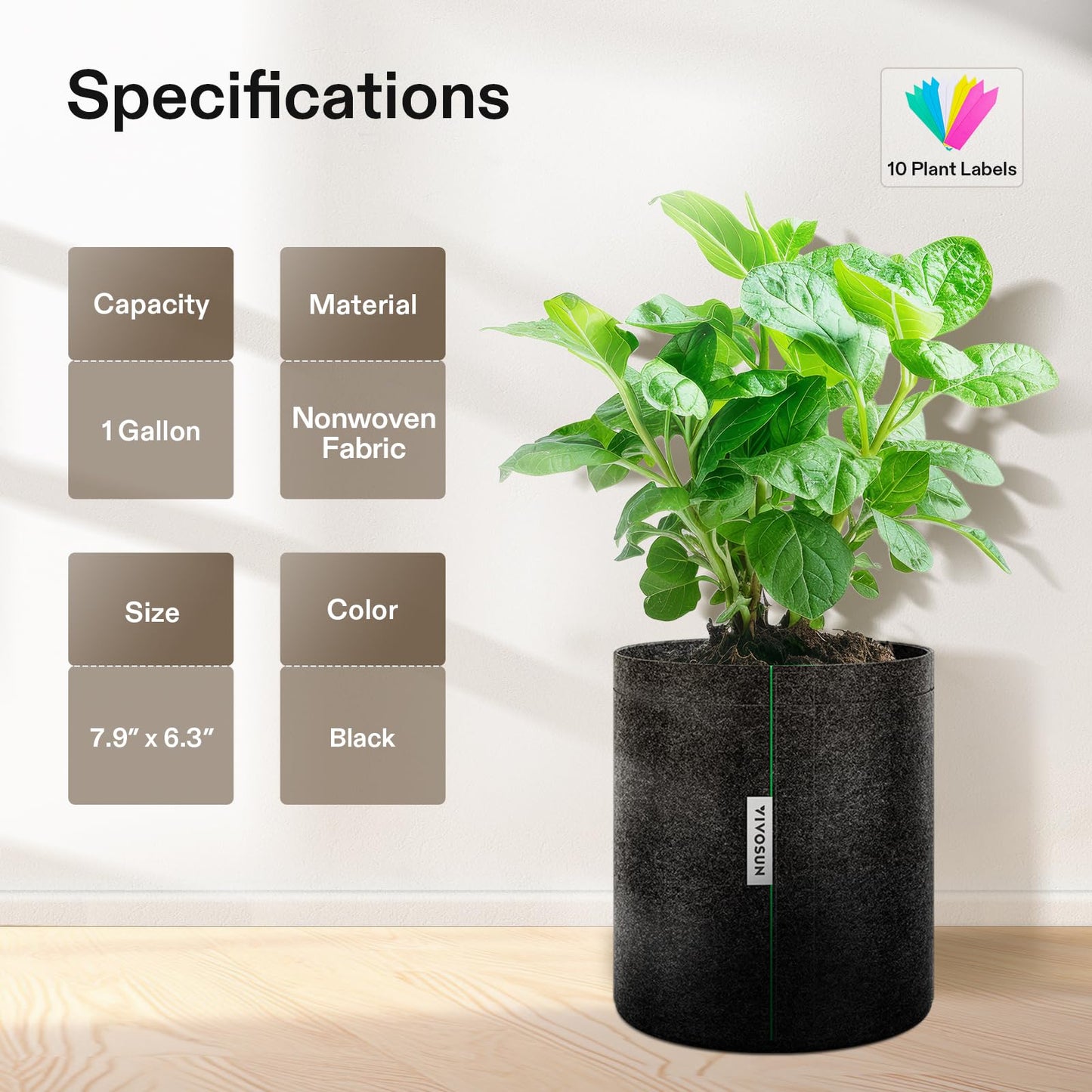 VIVOSUN 5-Pack 1 Gallon Grow Bags, Fabric Pots with Self-Adhesion Sides for Transplanting
