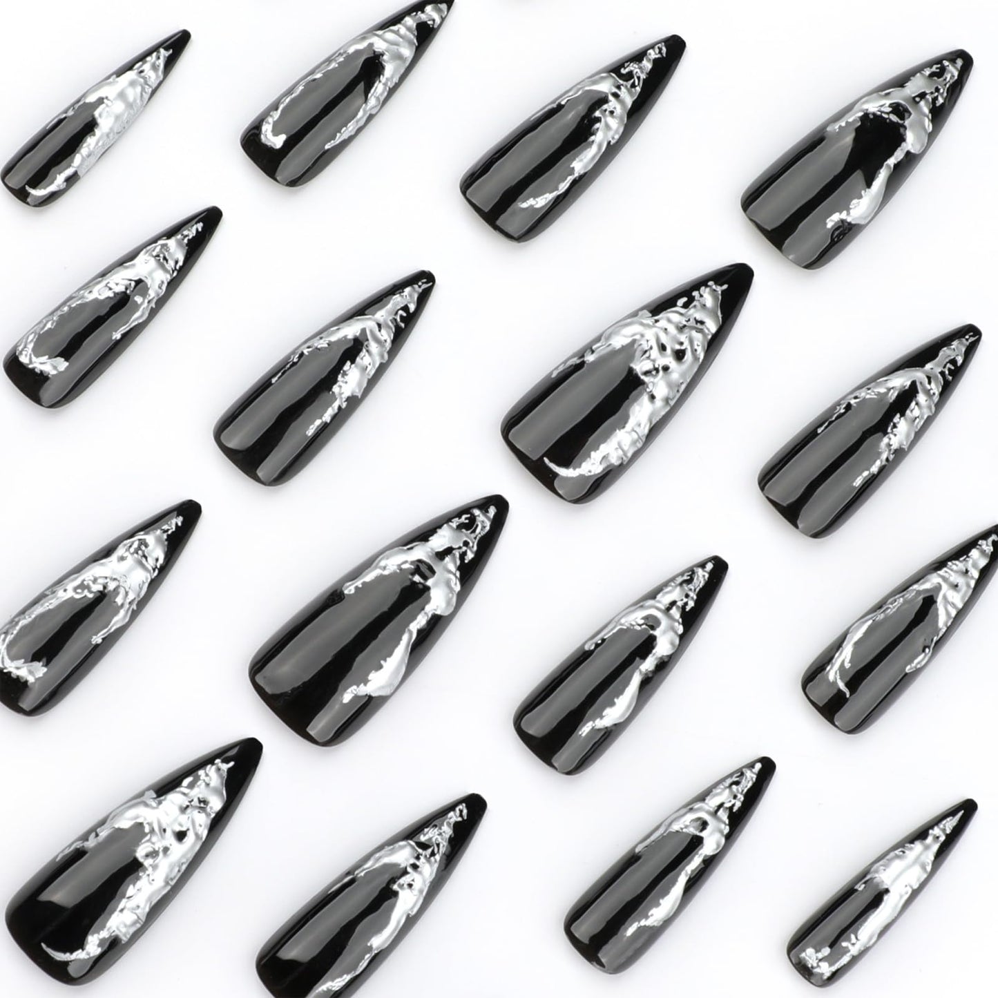 IMSOHOT Press on Nails – 3D Silver Edge, Long Stiletto Fake Nails Black Ombre Glossy Full Cover Reusable Acrylic Glue on Nails Y2K Goth Gel False Nails