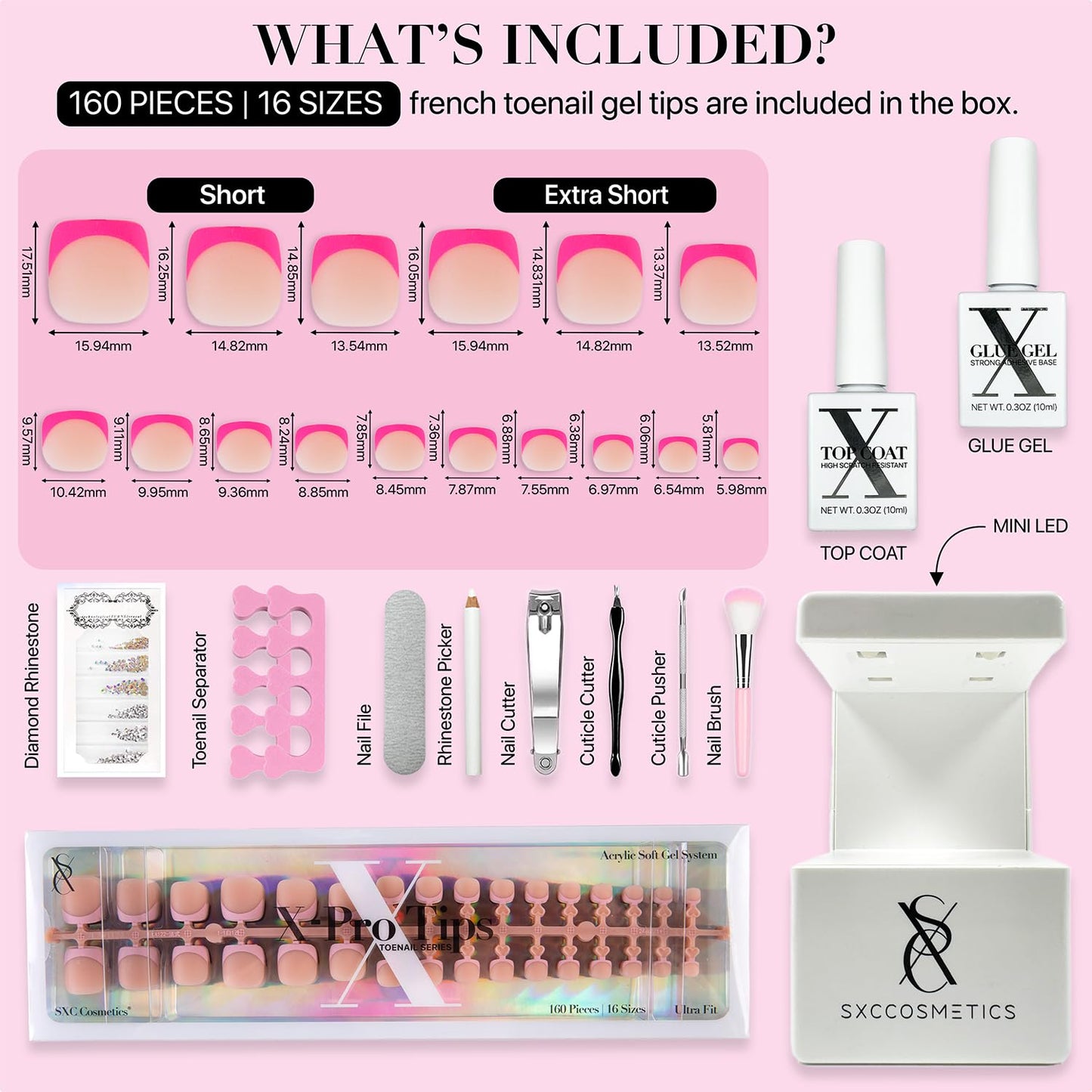 SXC Cosmetics X-Pro Tips French Tip Press On Toenails for Women, Acrylic Soft Gel System (Short French Pastel Glow, Short)