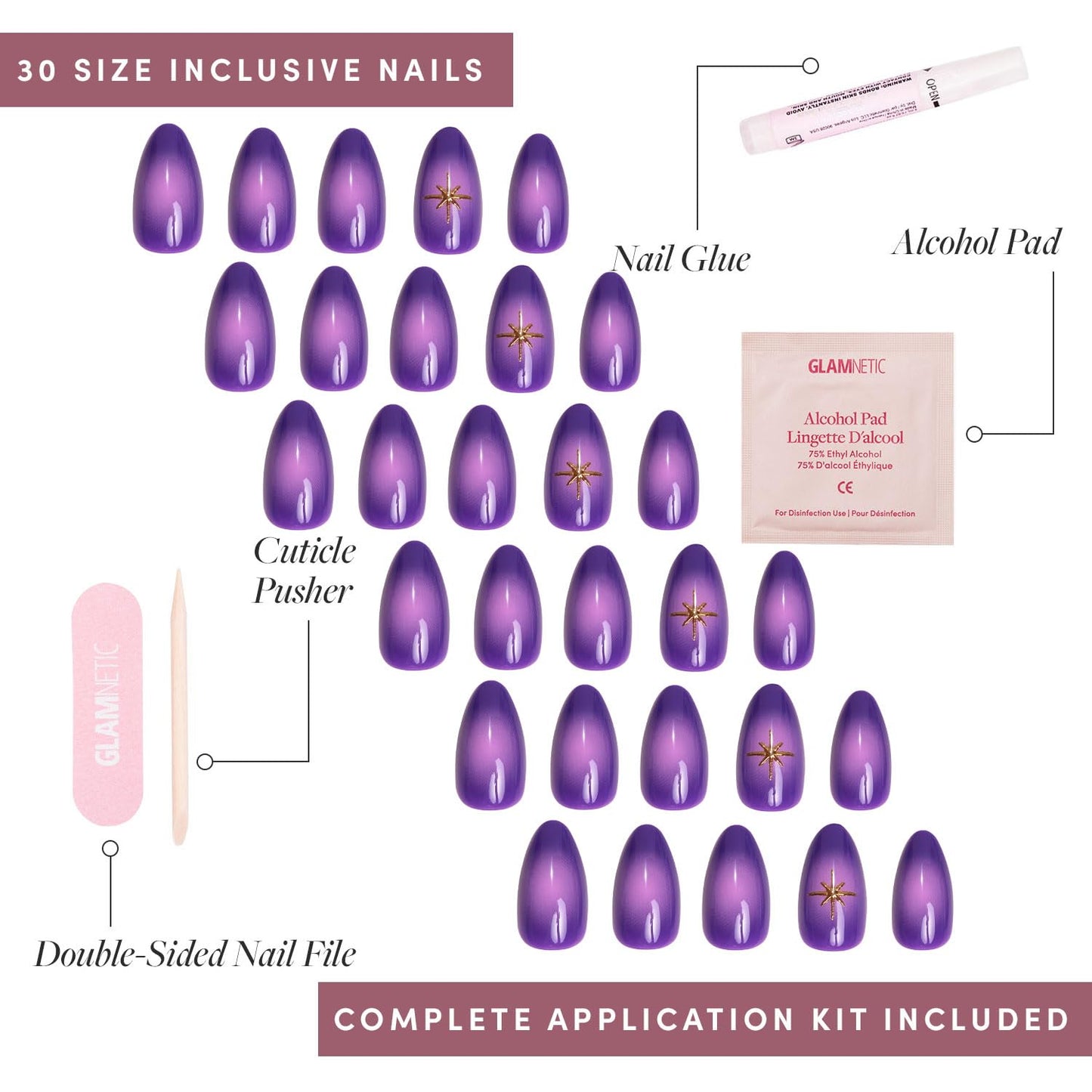 Glamnetic Press-On Nails Bundle - Tarot & Caviar | Short Almond Purple Fake Nails with Ombre Design | Short Almond Black French Tip False Nails | Reusable, Salon-Quality Nail Kits
