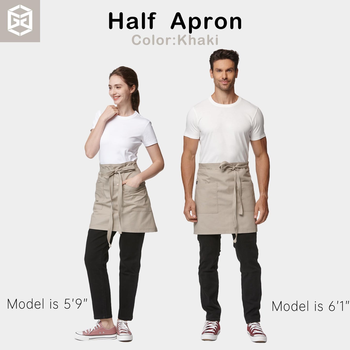 Guolamy Unisex Waist Apron Half Bistro Apron Server Aprons with Pockets Waterproof 4251BY(Khaki,1Pack