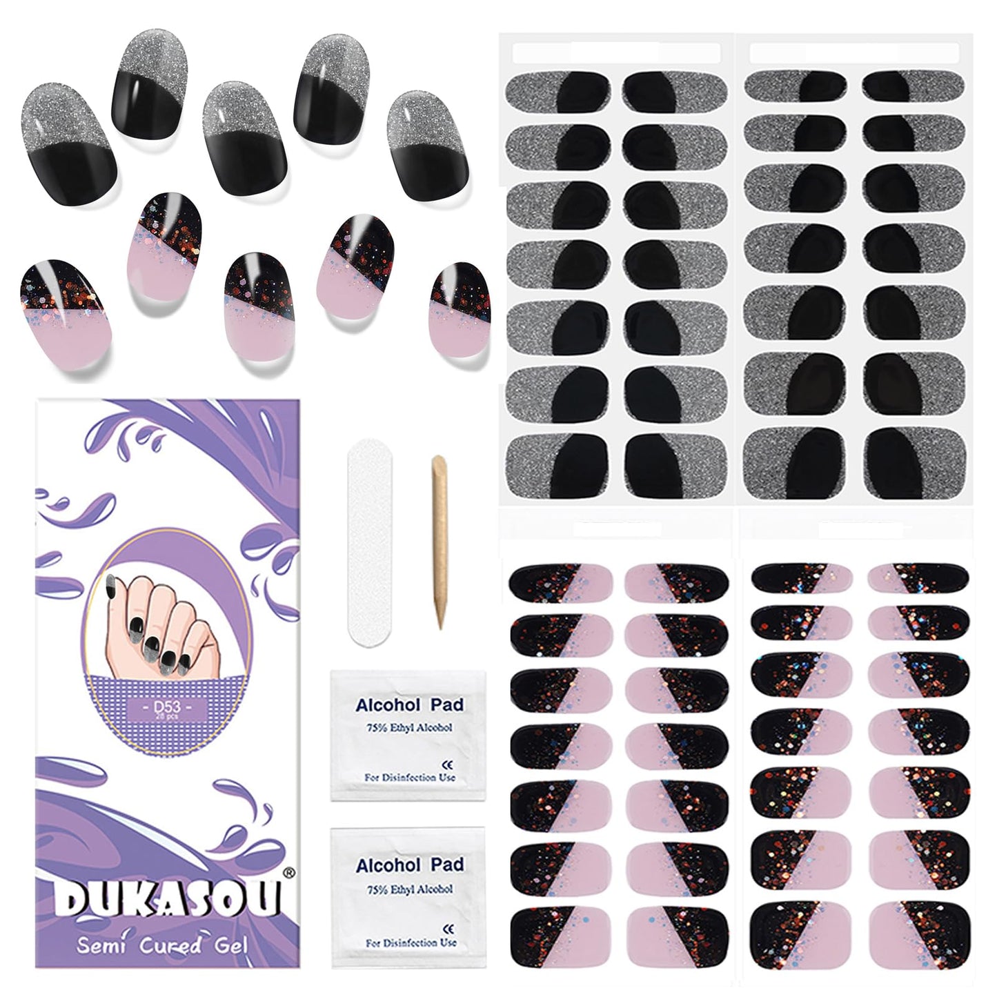 DUKASOU Semi Cured Gel Nail Strips, 56Pcs Nail Art Stickers/Wraps, Long Lasting UV Nail Polish Strips for Adults(Silver+Sequined Black)
