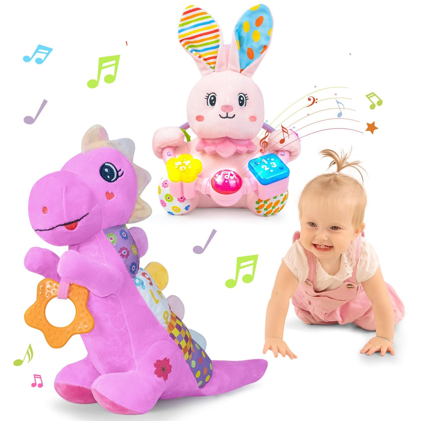 Holaxander Baby Boy Gift Set for 0-12+ Months (1 * Baby Dino Musical Toy & 1 * Musical Plush Rabbit Toy)