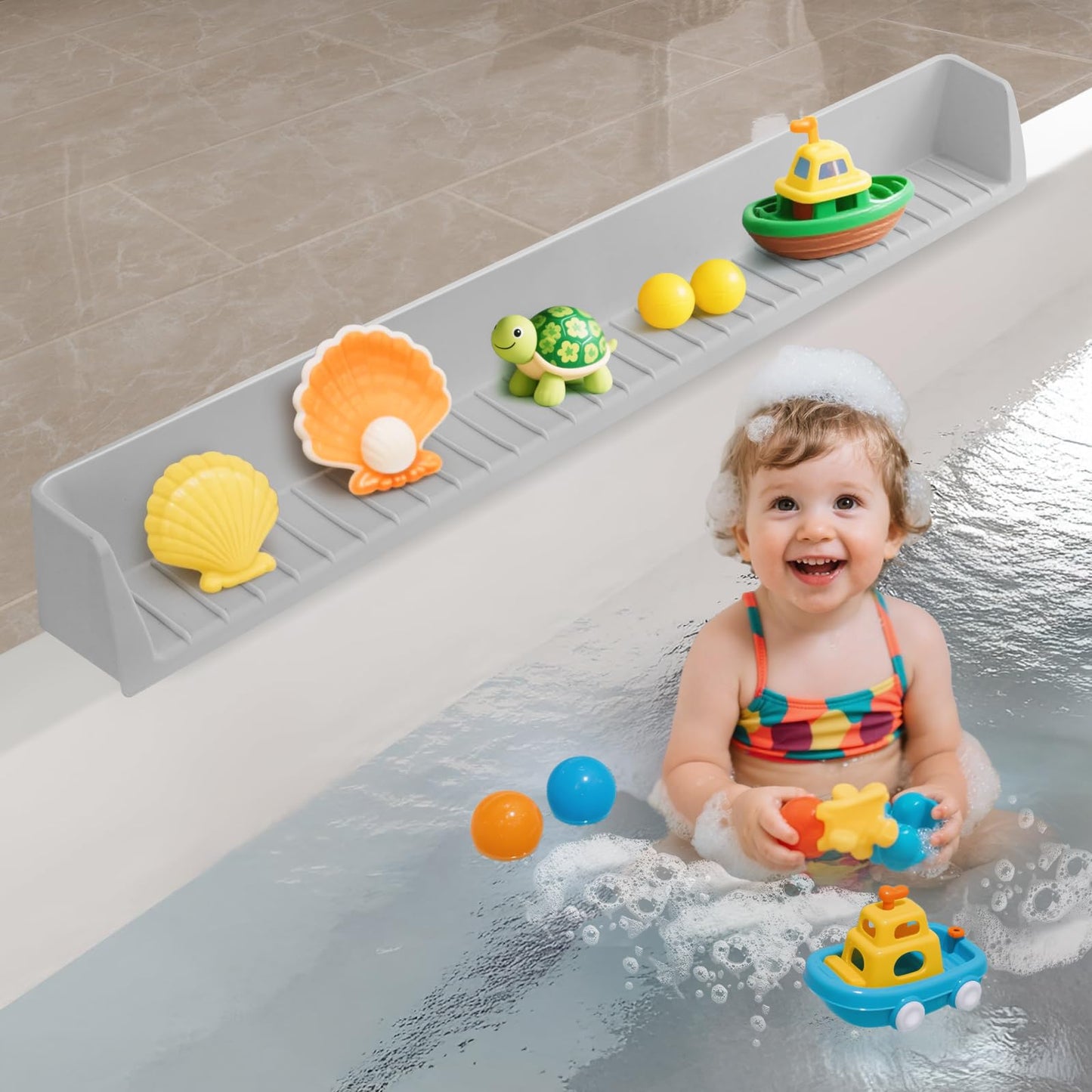 Akrelyan 31.5" Bathtub Splash Guard for Tub Kids, Silicone Splash Shield with 11 Suction Cups, Toy Tray Shelf, No Spill Water Barrier, Prevents Mess, Fun Bathtime for Toddlers Baby–Gray