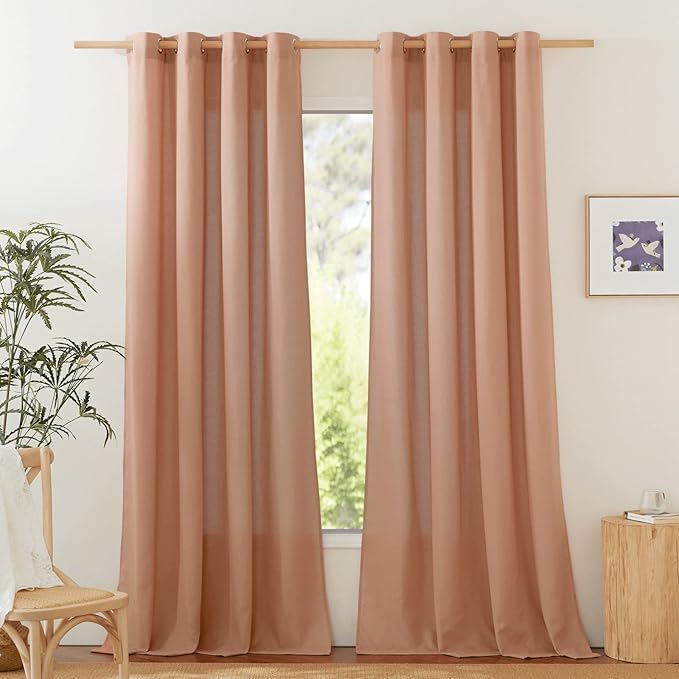 NICETOWN Linen Flax Semi Sheer Curtains 92" Length, Grommet Window Treatments Privacy Added with Light Penetration Vertical Drapes for Loft/Home Office, Terracotta, W55 x L92, 2 Panels