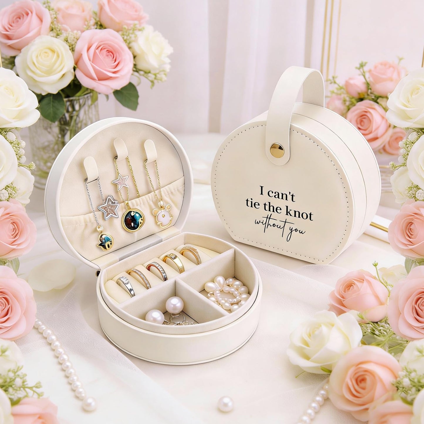 FITVOLL Bridesmaid Proposal Gift Boxes Set of 6, Travel Jewelry Case, White Leather Jewelry Organizer with Handle, Wedding Party Gift – 6 Pack