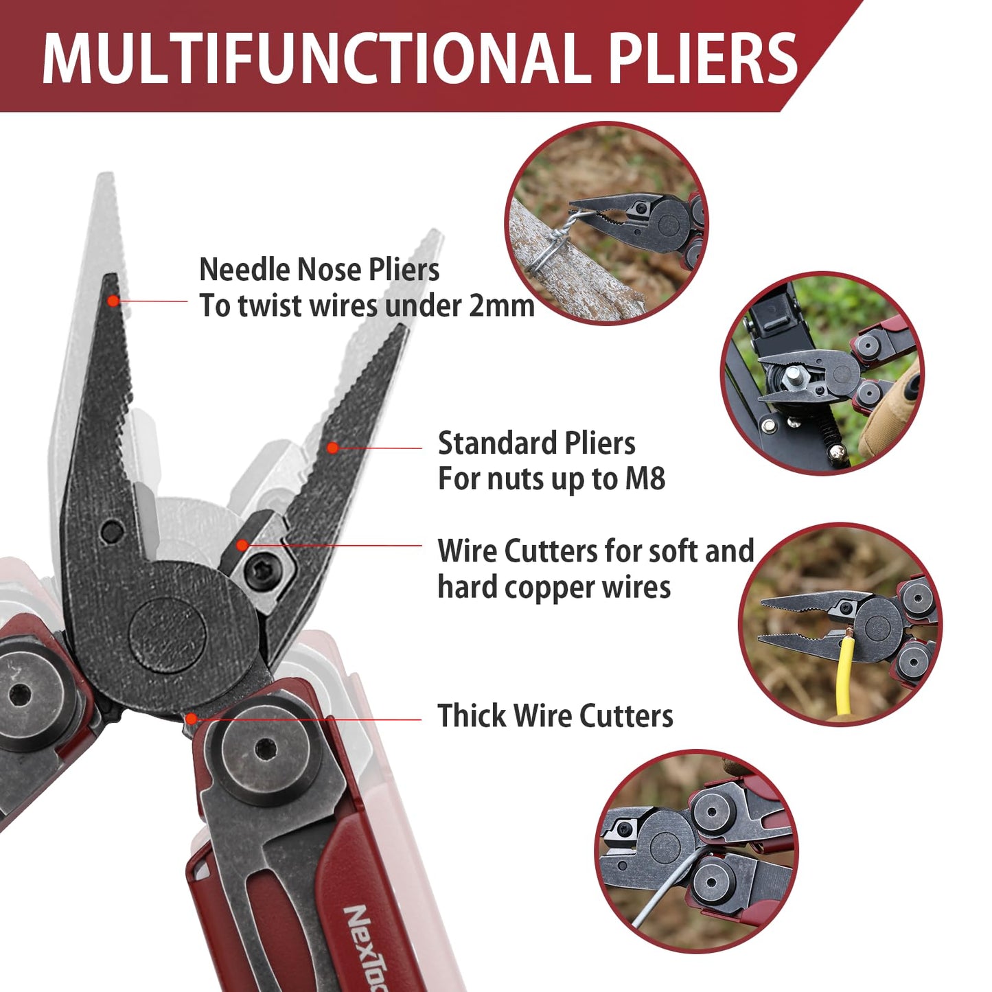 NexTool Flagship Pro, Multi Tool, Multitool Pliers with Big Folding Scissors, Replaceable Wire Cutters and Safety Locking, Multi Tool Pocket Knife, Survival Tools with Glass Breaker, Gifts for Men-Red