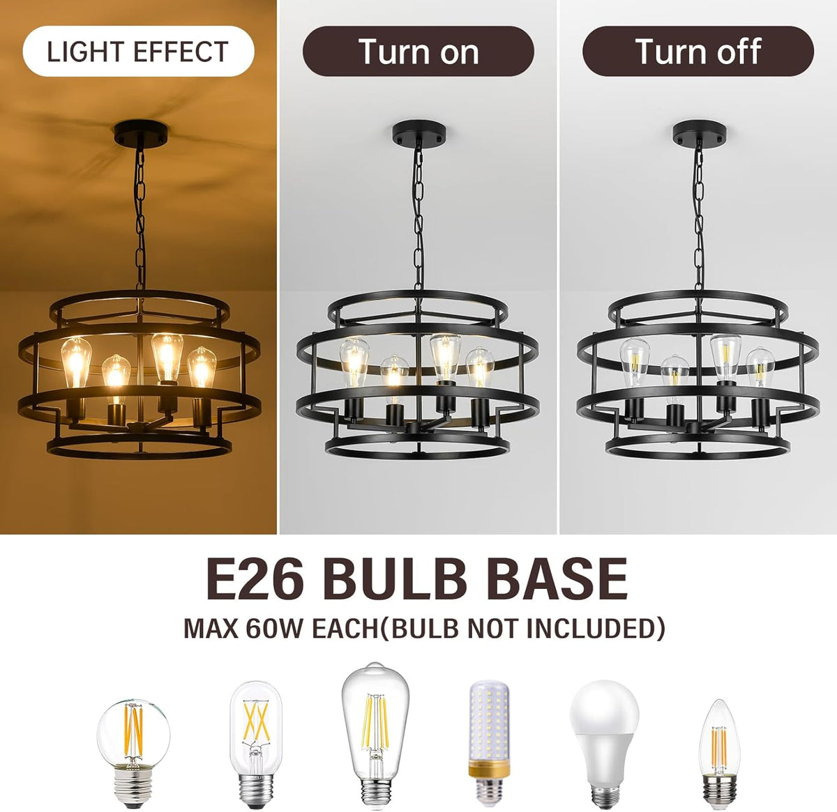 4-Light Black Chandelier for Dining Room, 19.7" Modern Farmhouse Pendant Light with Geometric Metal Frame, Industrial Flush Mount Ceiling Light for Living Room, Bedroom, Kitchen Island, Hallway, Foyer