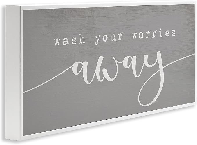 Stupell Industries Wash Your Worries Away Phrase Bathroom Relaxation, Designed by Daphne Polselli White Framed Wall Art, 13 x 30, Grey