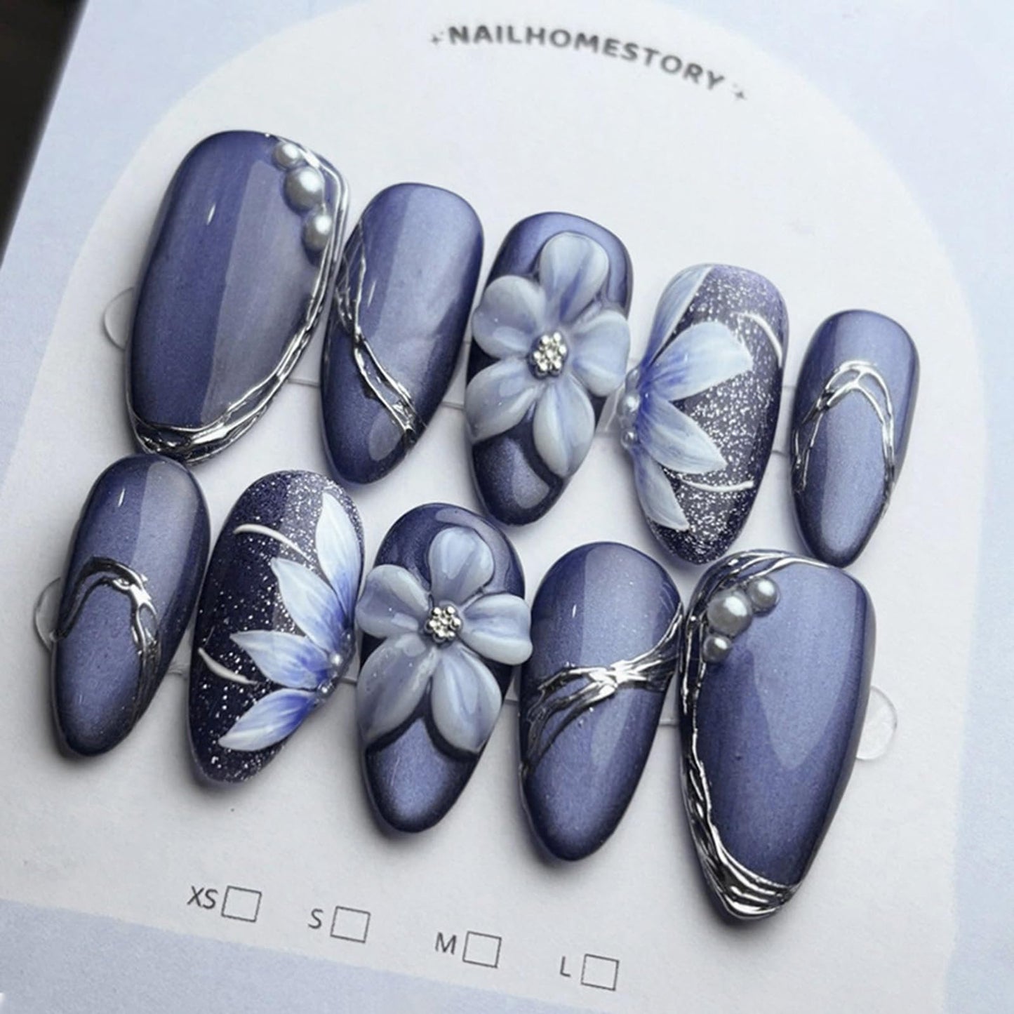 IMRAIN Almond Press on Nails, Medium Fake Nails, Purple Cat Eye 3D Sculpted Flower Pearl, 30 Pcs Reusable Glue on Nails for Women, Salon Quality