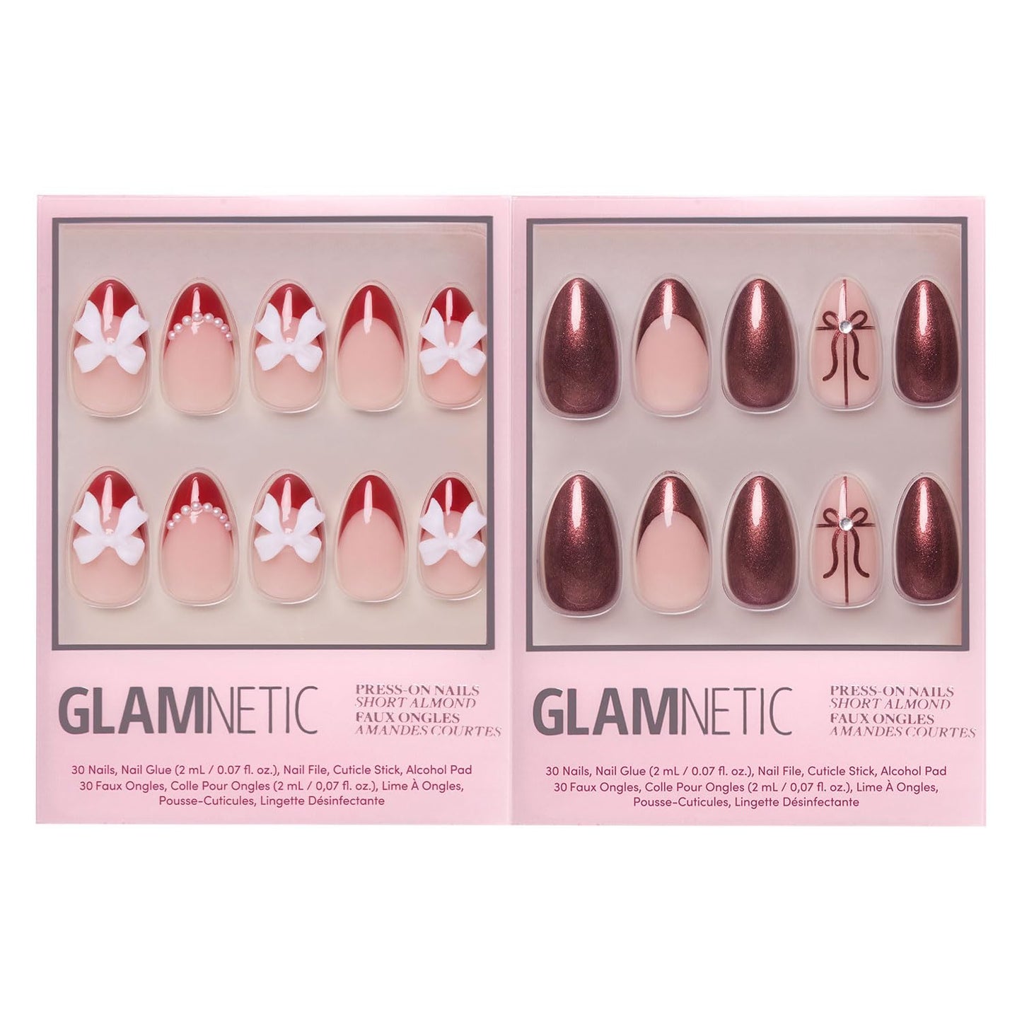 Glamnetic Press-On Nails Bundle - Ruby Ribbons & She's A Gift | Short Almond Fake Nails with Red French Tips & 3D Bows | Short Almond Fake Nails in Burgundy Chrome with French Tips and Ribbon Designs