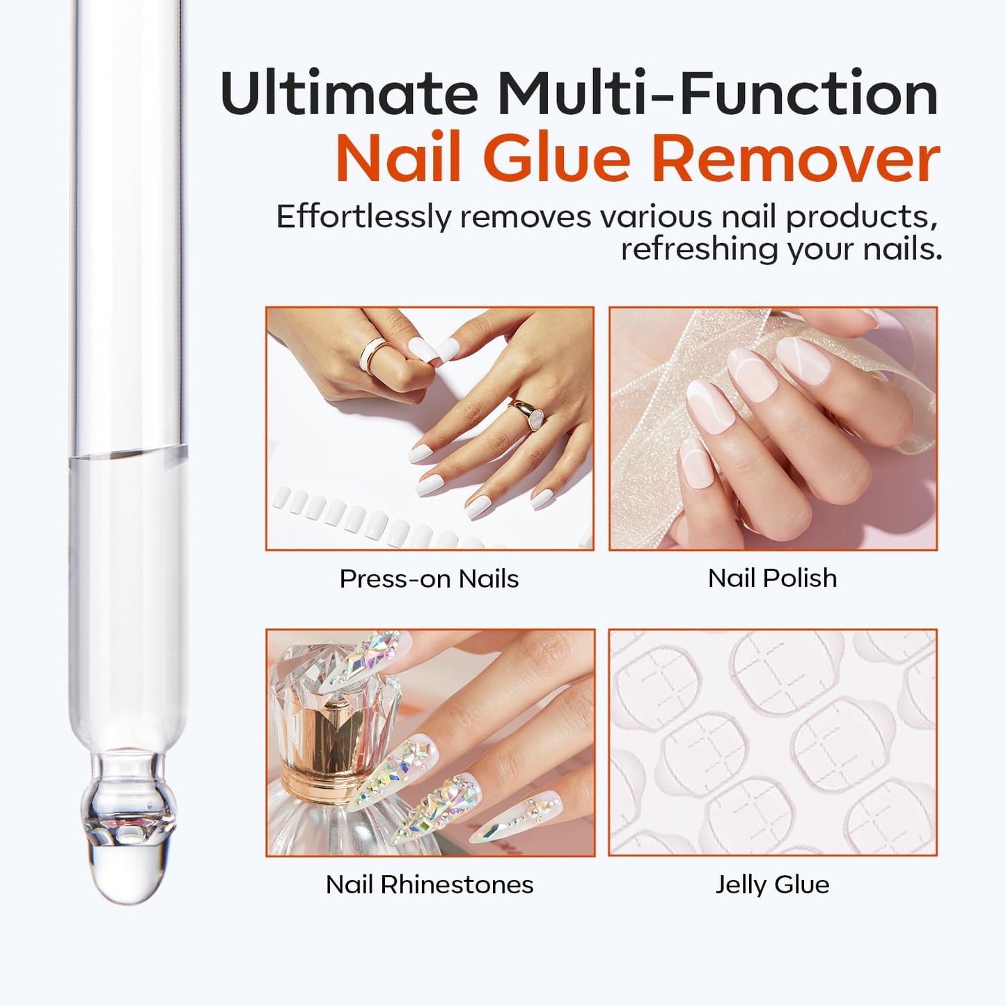 modelones 30 ML Nail Polish Remover for Press On Nails Base Top Coat, Upgrade Clear Stick On Nails Remover for Acrylic Tips