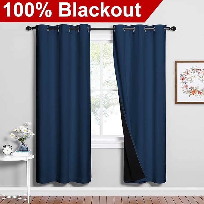 NICETOWN Moroccan Blue Full Shade Curtain Panels, Pair of Energy Smart & Noise Blocking Out Blackout Drapes for Dining Room Window, Thermal Insulated Guest Room Lined Window Dressing(42 x 72 inch)