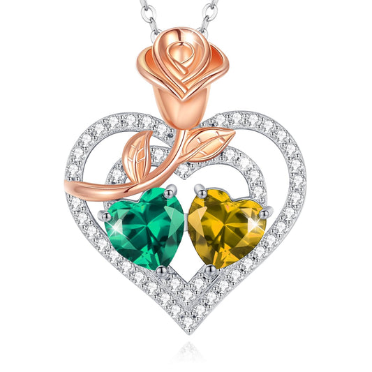 AGVANA May November Birthstone Jewelry Emerald Citrine Necklace Sterling Silver Rose Flower Heart Double Birthstone Pendant Necklace Anniversary Birthday Gifts for Women Mom Wife Lady Her
