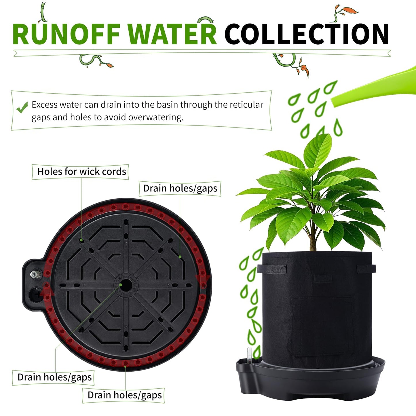 GARTECHO 15” Self-Watering Plant Saucer, Capillary Action Theory Auto-Irrigation System, 4-Pack Bases with pH Test Tank & Water Gauge, Heavy Duty for Use in Indoor Grow Tents/Outdoor Gardens