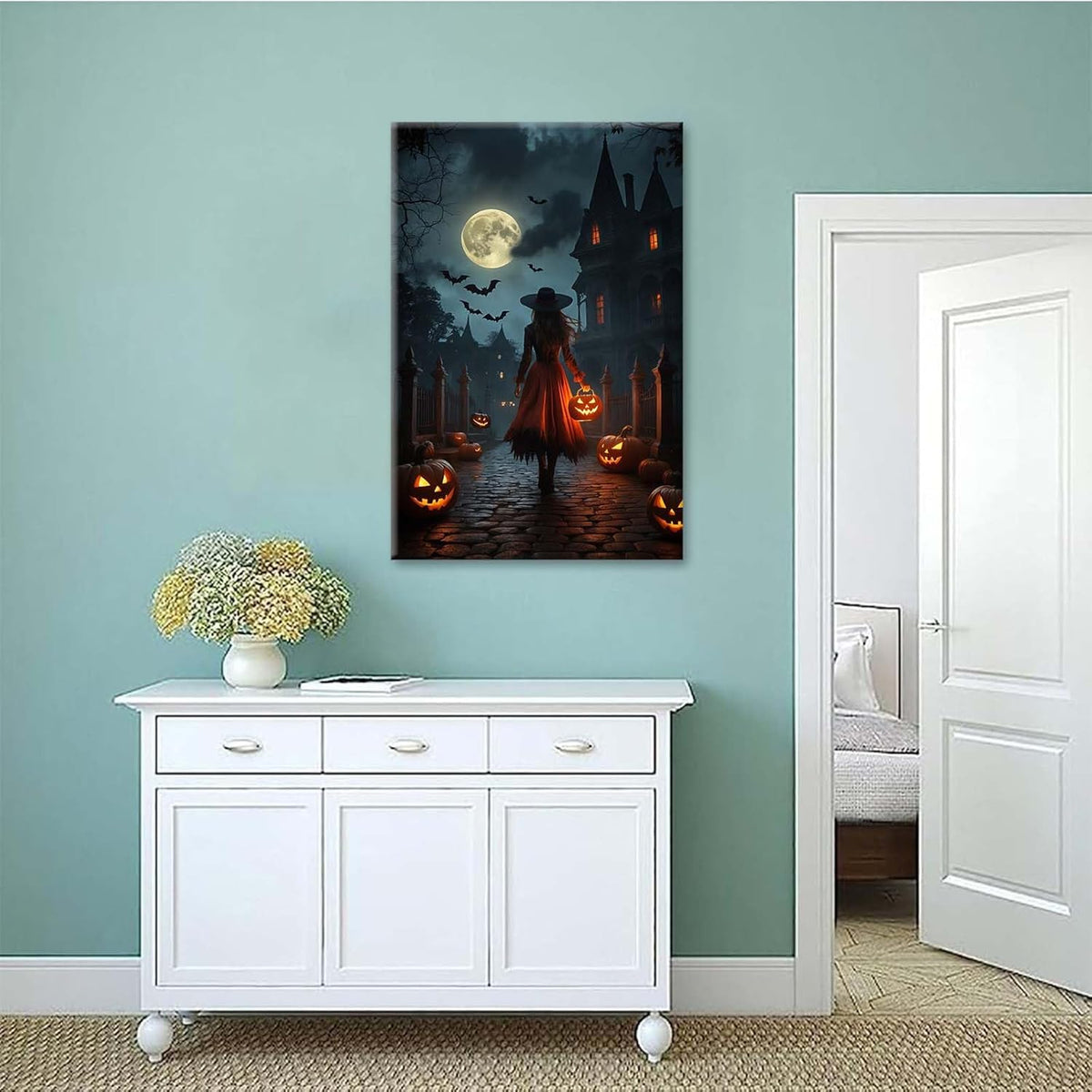JFHCQJPK Halloween theme poster moonlit autumn night witch vintage poster art print dark college style gothic painting canvas wall decoration bedroom living room ideal gift16x24in Frameless