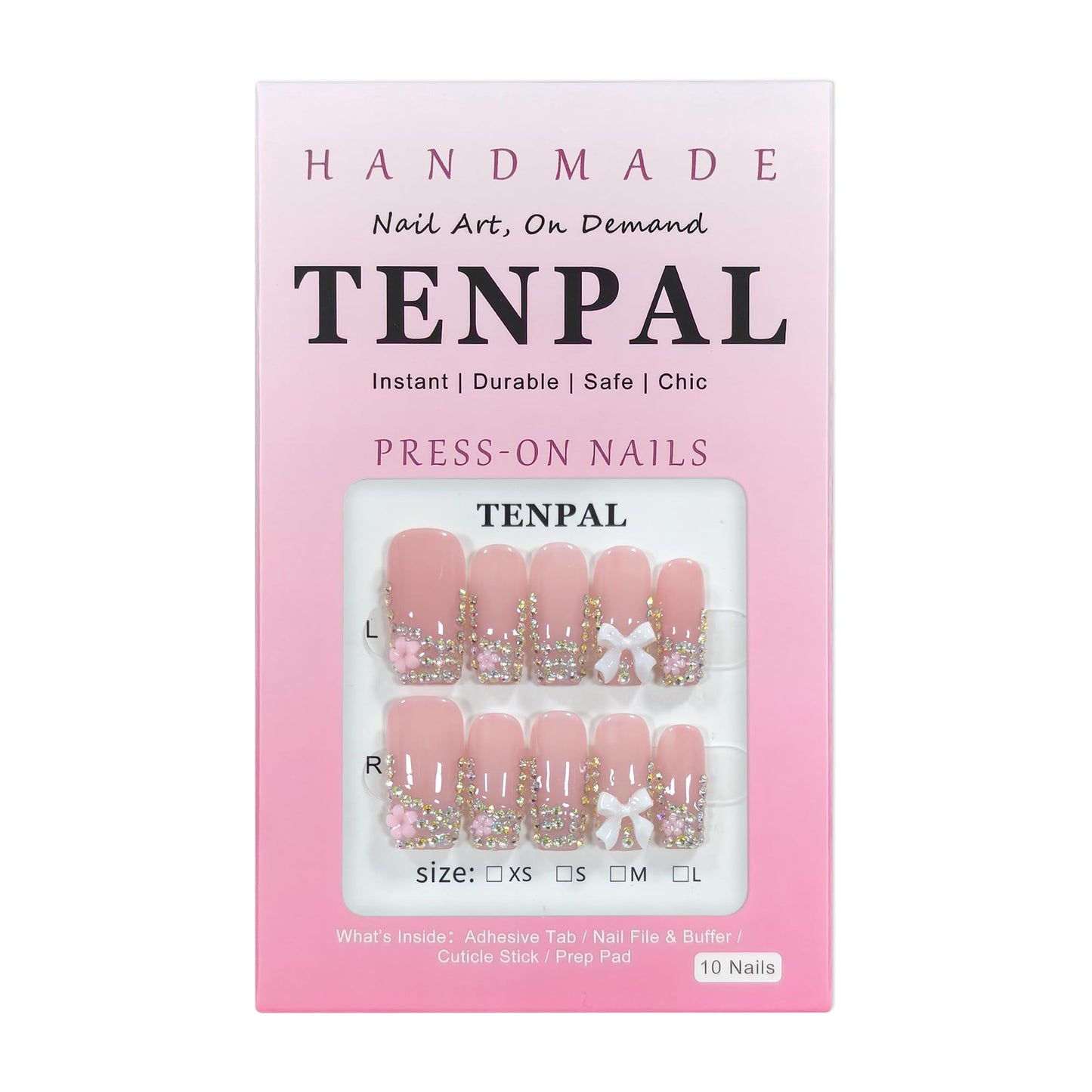 TENPAL Handmade French Tip Press on Nails Medium Coffin 3D Bow Rhinestone Glitter Pink Cute Sweet Girly Reusable Daily Wear Salon Acrylic False Nails 10PCS(L)
