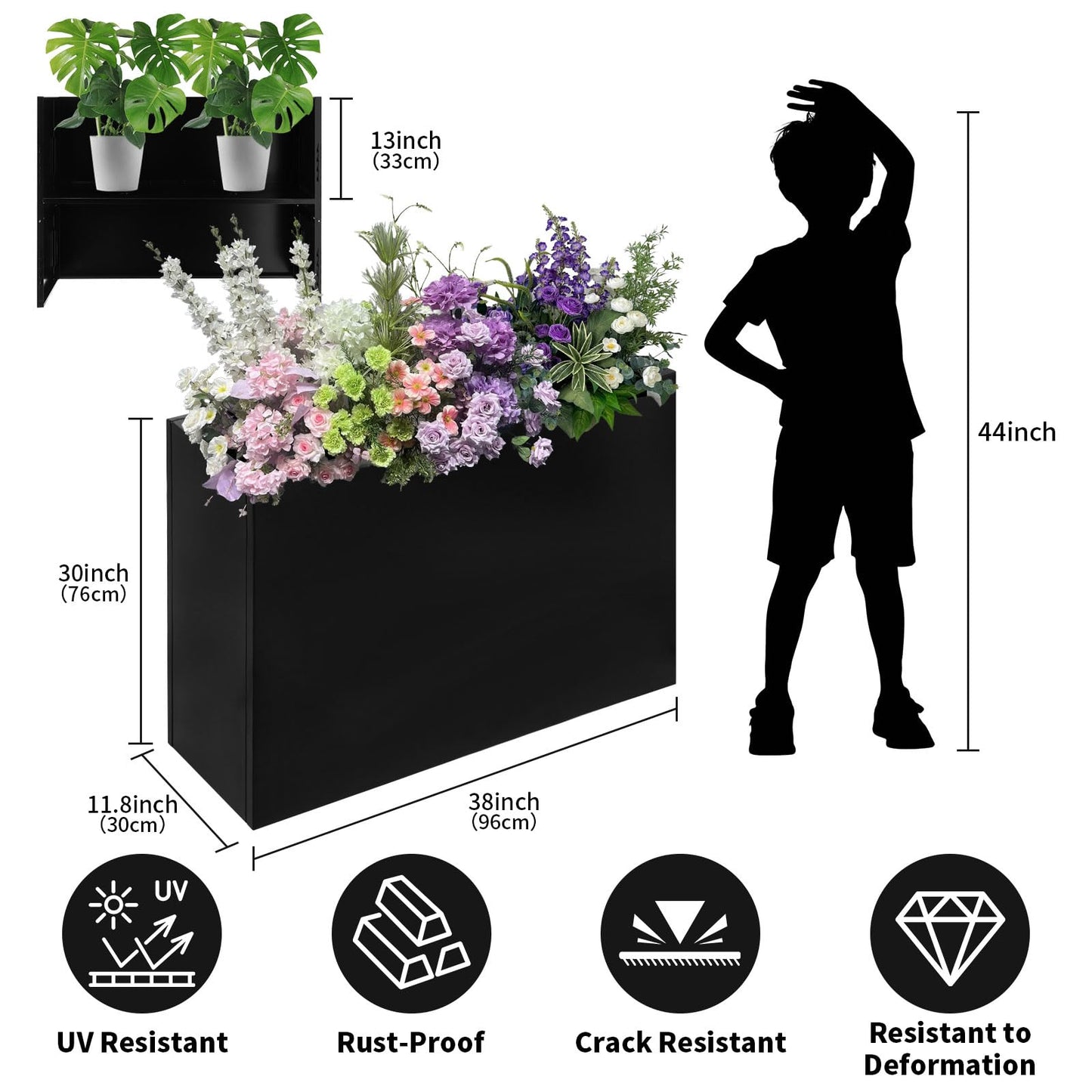 Yaghpy Tall Rectangle Planter 38 L x 12" W x 30" H Black Metal Large Planter Boxes Outdoor Pots,Flowers Pot Garden Porch Patio Privacy