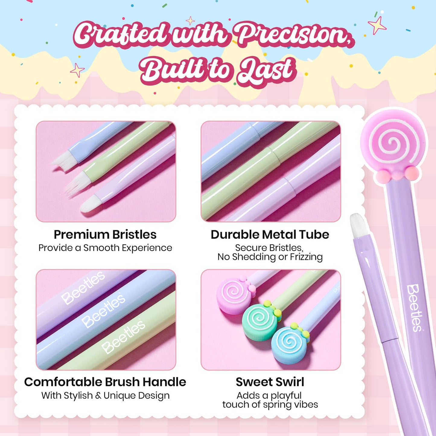 Beetles Spring Nail Art Brushes 6pcs – Sweet Swirl Nail Art Tools Liner Brushes for Nails Dotting Tool Gradient French Manicure Design Pen with Floral Palette, Brush Holder, DIY Gift for Women