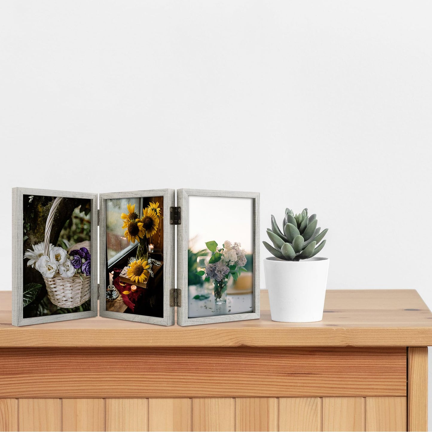 Space Art Deco Triple 5x7 Picture Frame, 3 5x7 Folding Photo Frame, Standing Vertically on Desktop or Tabletop, Home Decorative Christmas Holiday Gift, Whitewashed Oak