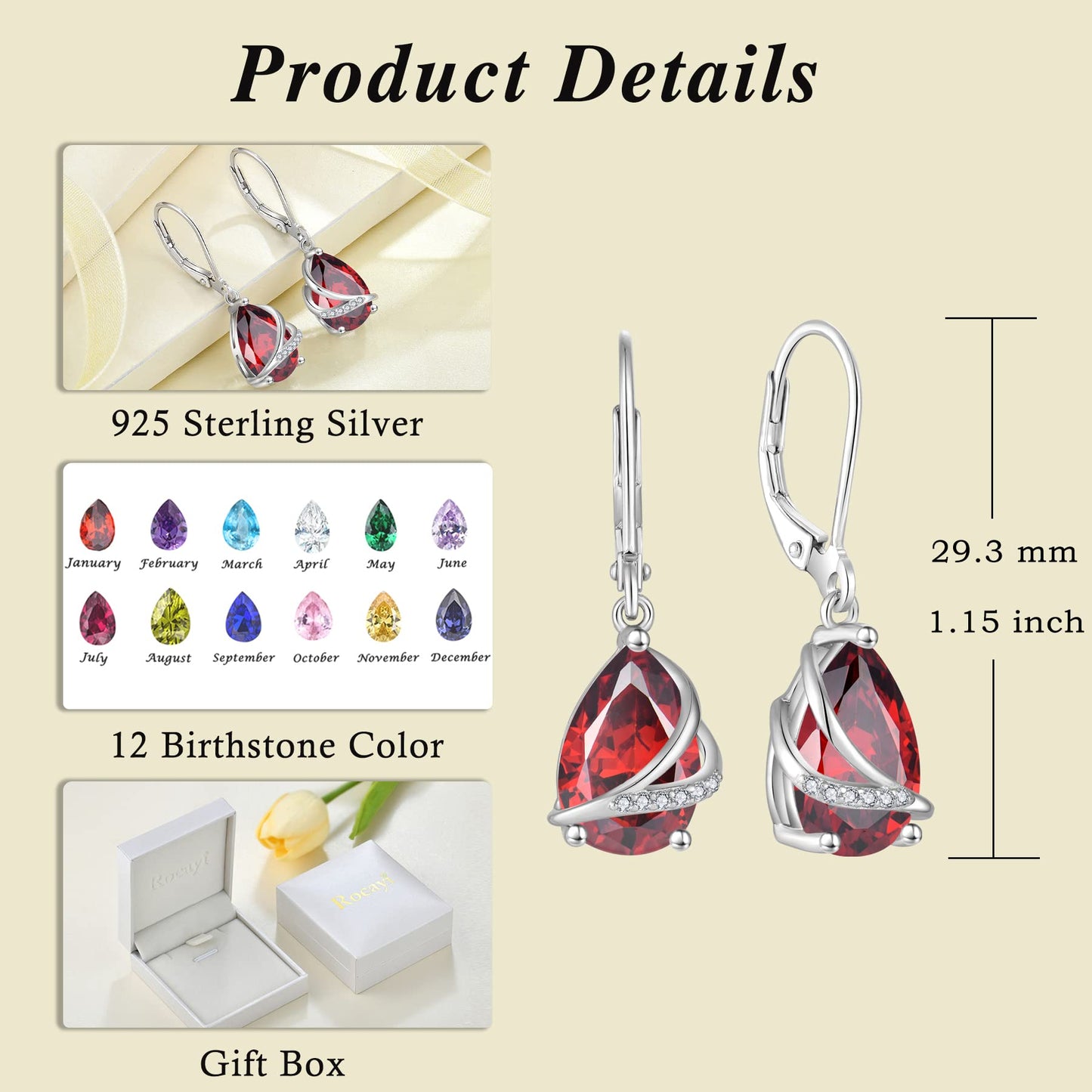 Rocayi Teardrop Garnet Earrings 925 Sterling Silver Dangle Drop Earrings January Birthstone Jewelry for Women