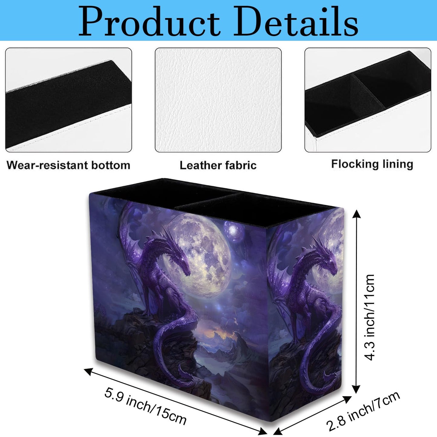 RVHOEZZM Pen Holder and Lace Mouse Mat Set, 2 Compartment Leather Pen Storage Boxes, Makeup Brush Storage Box, Suitable for Office and Home Desk Accessory Storage - Starry Purple Dragon