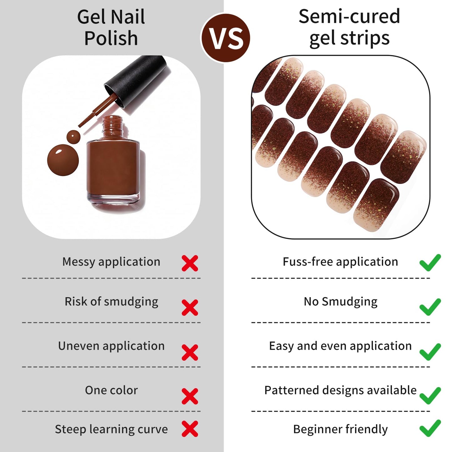 Semi Cured Gel Nail Strips -Burgundy Gold Flake Ombre-Stylish Nail Wraps, No UV Light Needed, Effortless Application & Removal, Salon Quality, Includes 16 Wraps, 1 Prep Pad, Wooden Stick & Nail File