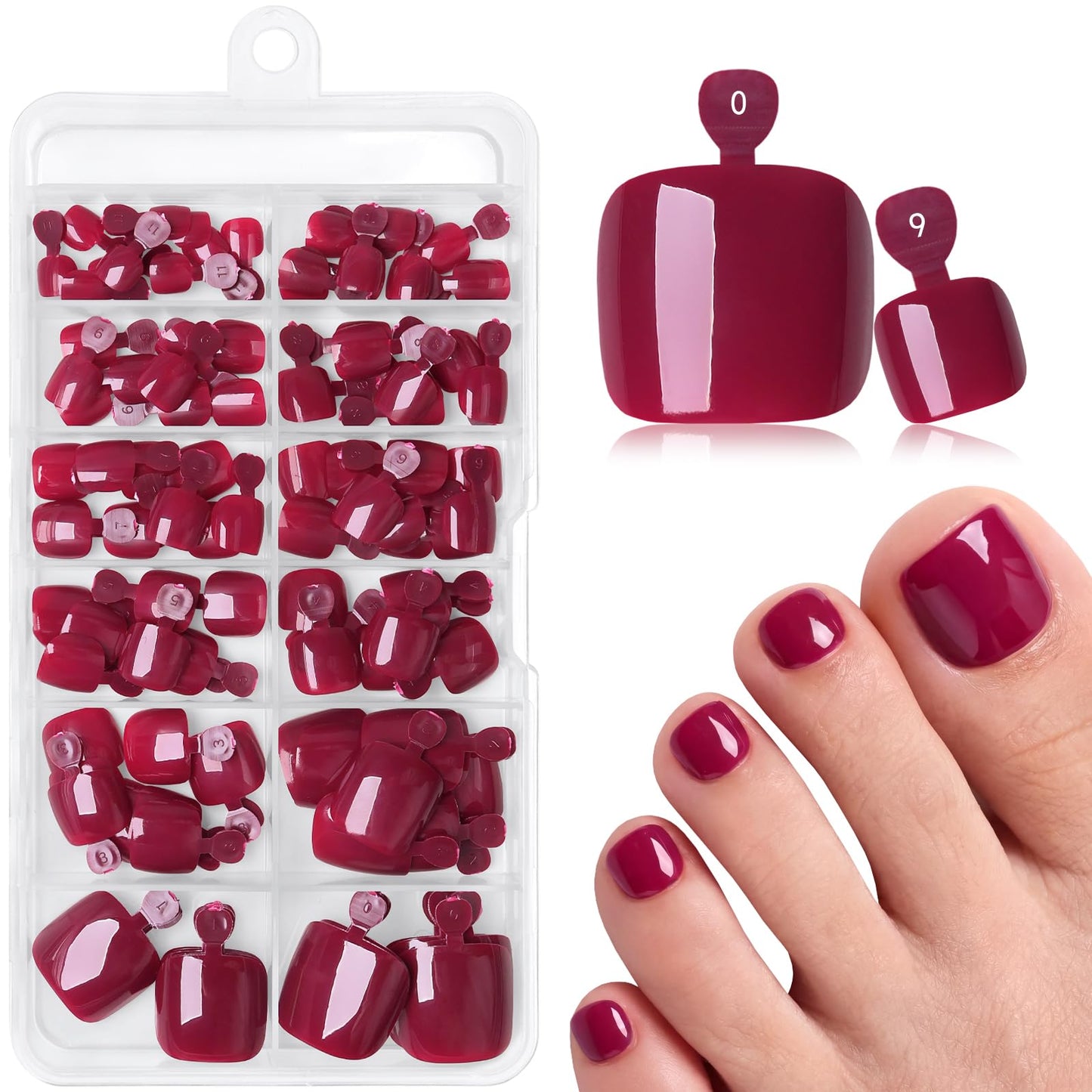 120pcs Burgundy Press on Toenails for Women,Short Square Fake Toe Nails,12 Sizes False Toenails with Nail Glue and Adhesive Tabs