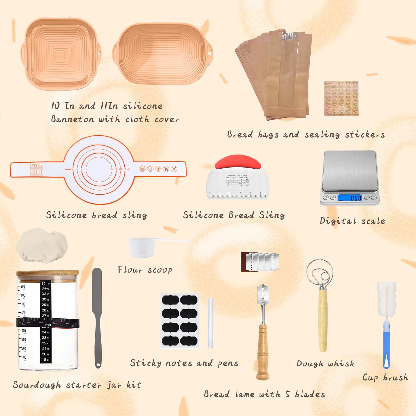Sourdough Starter Kit，10 In and 11In silicone Banneton with Cloth Cover,Glass Sourdough Starter Jar,Dough Whisk, Bread Lame, Silicone Sling, digital scale for Bread Making Baking Fermentation